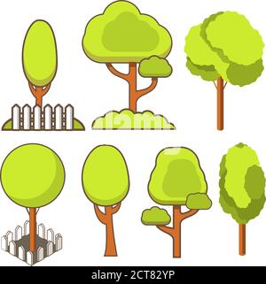 Bäume isometrische und Büsche weißen Zaun.Isometrische flache Linie Art Vektor. Stock Vektor