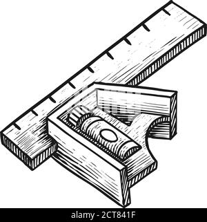 Linealsymbol im Skizzenstil. Vektorgrafik Holzbearbeitungswerkzeug. Stock Vektor