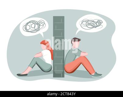 Scheidung, Trennung, Trennung Konzept. Depressive Mann und Frau durch Steinmauer geteilt, verheiratetes Paar mit Beziehungsproblem, Vektor-Illustration Stock Vektor