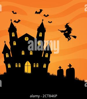 Happy halloween Banner mit Burg verfolgt, Fledermäuse und Hexe fliegen Stock Vektor