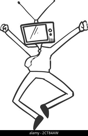 Geschäftsmann mit Fernsehkopf. Geschäftskonzept. Handgezeichnete Vektorgrafik. Stock Vektor