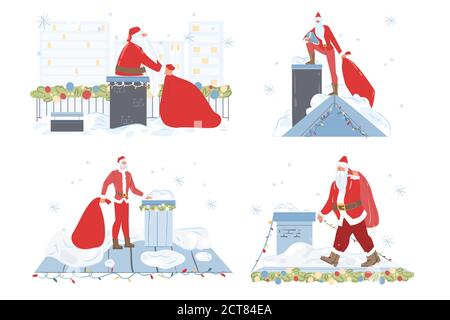 Weihnachtsmann auf dem Dach weihnachtsfeiertage Szene gesetzt Stock Vektor