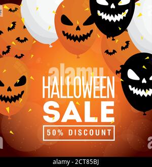 halloween-Verkauf, fünfzig Prozent Rabatt, mit beängstigend Luftballons Helium Dekoration Stock Vektor