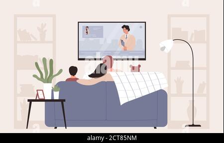 Familie Leute Fernsehen Vektor Illustration. Cartoon Wohnung Mutter, Vater und Kinder Figuren sitzen auf dem Sofa im Wohnzimmer zu Hause Interieur, Fernsehen News-Programm, glückliche Familie Zeit Hintergrund Stock Vektor