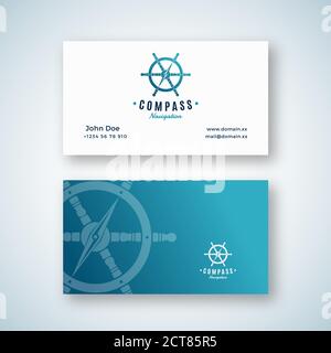 Nautische Navigation Abstraktes Vektorzeichen oder Logo und Visitenkarte Vorlage. Kompasspfeil im Lenkradsymbol mit Retro integriert Stock Vektor