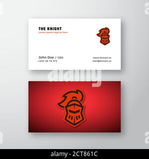 Einfache Linie Stil Ritter Helm abstrakte Vektor-Logo und Visitenkarte Vorlage. Warrior Head Silhouette mit moderner Typografie. Kreatives Mittelalter Stock Vektor