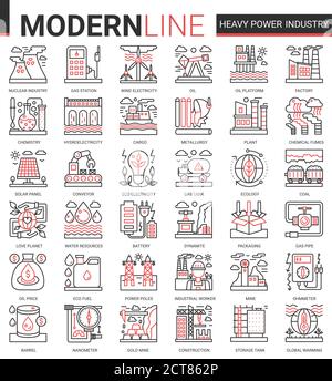 Schwerkraftindustrie komplexes Konzept dünne rote schwarze Linie Symbol Vektor-Set mit Umriss Infografik industrielle Fertigung Symbole der Metallurgie, chemische Anlage und Fabrik, Stromproduktion Stock Vektor