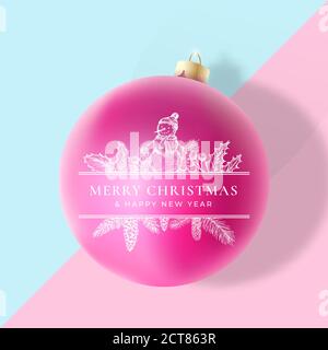 Weihnachtsgrußkarte, Poster, Banner oder Party-Einladung. Vektor realistische Weihnachtskugel mit weichen Schatten und Rahmen Banner mit Schneemann, Holly und Stock Vektor