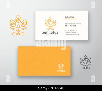 Zen Lotus Logo und Visitenkarte Vorlage. Meditation oder Yoga Symbol. Stilisierte Person Figur mit Blume Elemente. Stationärer Realistischer Mock Up. Stock Vektor