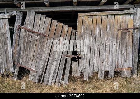 Alt, verfault, baufällig, gebrochene Scheunentür, im Arnsberger Wald, Sauerland, NRW, Deutschland Stockfoto