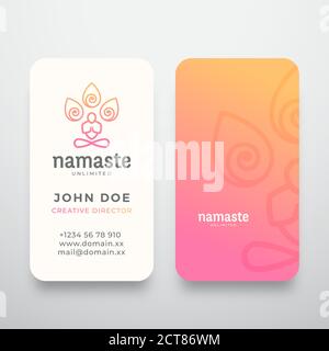 Yoga Namaste Konzept Logo und Visitenkarte Vorlage. Meditation oder Yoga Symbol. Meditierende Person Silhouette mit grenzenlosem Symbol und Typografie Stock Vektor