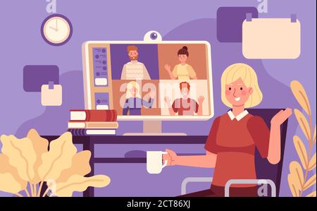 Online-Meeting. Videokonferenz Frau Online-Meeting mit Kollegen, Remote-Arbeit mit Computer, kollektive virtuelle Chat Vektor-Konzept. Illustration Stock Vektor