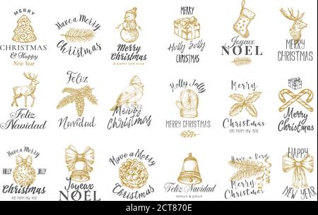 Frohe Weihnachten und ein glückliches neues Jahr abstrakte Vektor-Zeichen, Etiketten oder Logo-Vorlagen-Sammlung. Handgezeichnete Holiday Symbol Skizzen mit Retro Stock Vektor