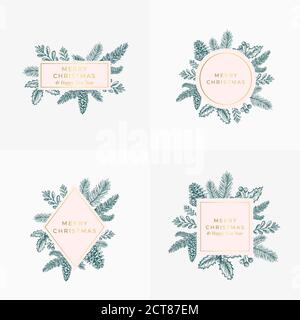 Set von Weihnachtsfoliage Karten, Zeichen oder Logo-Vorlagen. Handgezeichnete Weihnachtsillustrationen mit Bordüren und klassischer Typografie. Gut für Grüße Stock Vektor