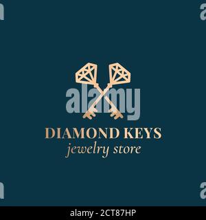 Diamantschlüssel Juweliergeschäft. Abstraktes Vektorzeichen, Symbol oder Logo-Vorlage. Gekreuzte Keys-Silhouetten mit klassischer Retro-Typografie. Luxus Im Vintage-Stil Stock Vektor