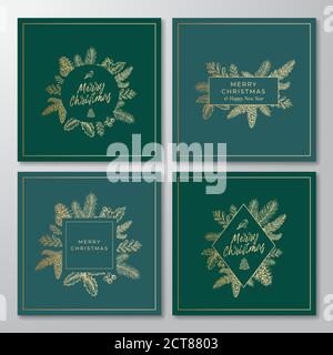 Merry Christmas abstrakte botanische Karten-Kollektion mit Rechteck- und Kreisrahmen-Bannern und moderner Typografie. Premium Green Hintergrund und Golden Stock Vektor