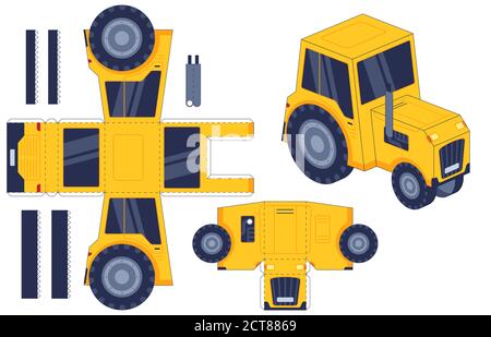 Traktor Papier geschnitten Spielzeug. Landwirtschaftliche Maschine auf dem Bauernhof. Papier, Leim Kinder Aktivität Spiel Arbeitsblatt. Traktor 3d druckbare Modell handgefertigten Vektor-Set. Kindergart Stock Vektor