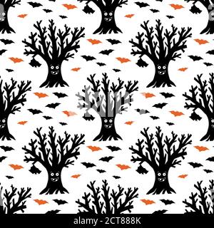 Trockener lustiger Baum mit hängenden und fliegenden Fledermäusen. Halloween Nahtloses Muster. Isoliert auf weißem Hintergrund. Vektorgrafik. Stock Vektor