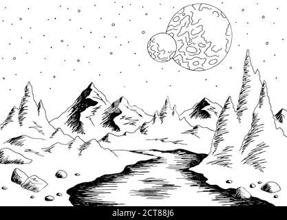 Alien Planet Fluss Grafik schwarz weiß Raum Landschaft Skizze Illustration vektor Stock Vektor