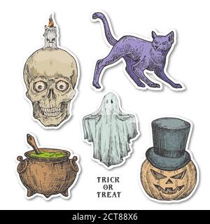 Halloween Aufkleber Set Im Vintage-Stil. Handgezeichneter Kürbis, Geist, Katze, Kessel und Sculls mit Candle Sketch Symbols Collection. Retro Typografie. Weich Stock Vektor