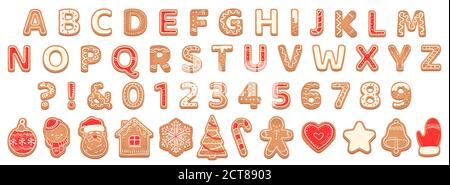 Lebkuchen Alphabet. weihnachts-Cookies und Keks Buchstaben für Weihnachten Feiertagsnachricht. Gebäck Lebkuchen englisch kindisch Schriftart Vektor-Set abc christma Stock Vektor