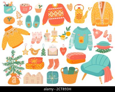 Hygge weihnachten. Winter stricken Kleidung und Urlaub Dekor Tannenbaum, Geschenke. Kerzen, Socken und Fäustlinge Weihnachten Home Symbole, Cartoon-Vektor-Set. Weihnachten hy Stock Vektor