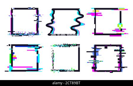 Quadratischer Rahmen mit Glitch. Quadratische Schablone Form bunte, dynamische Glühen Pixel Defekt Illustration Vektor. Verzerrte Effektsammlung Stock Vektor