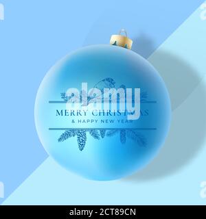 Weihnachtsgrußkarte, Poster, Banner oder Party-Einladung. Vektor realistische Weihnachtskugel mit weichen Schatten und Rahmen Banner mit Mistel, Vogel und Stock Vektor