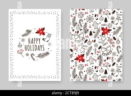 Handgezeichnete Karte für Winterurlaub. Xmas Dekoration Zeichnung vintage Poster Banner auf Einladungskarten mit Muster und Xmas Elemente Illustration Stock Vektor