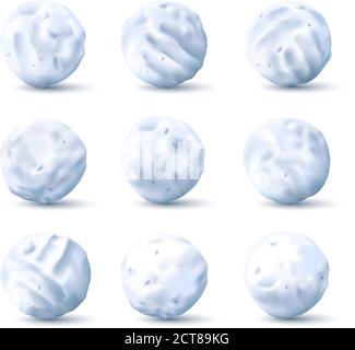 Schneebälle. Runde Schnee und Eis Stücke, realistische weiße Schneeball 3d Vektor isoliert Set für Kinder Winter Freizeit Spiel. Schneeball Winter, Schneeball sp Stock Vektor