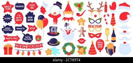 Weihnachten Fotokabine Requisiten. Neujahr Party, Urlaub dekorative Elemente. Masken, Hüte und Bart, Schneemann, Geschenke, Strumpf Vektor-Set. Weihnachtsstand, Stock Vektor