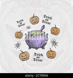 Trick or Treat Halloween Vektor Hintergrund oder Karte Vorlage. Handgezeichnet mit Kessel mit Trank und Kürbissen mit Spider Sketch und Vintage Stock Vektor