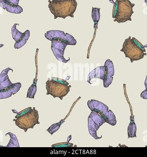 Handgezeichneter Hexenhut, Besen und Kessel Vektor Nahtloses Hintergrundmuster. Halloween-Feier Grußkarten Karte, Verpackung oder Cover-Vorlage Stock Vektor