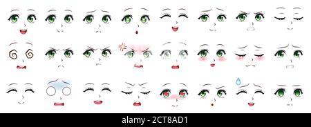 Manga-Ausdruck. Anime Mädchen Gesichtsausdrücke. Augen, Mund und Nase, Augenbrauen im japanischen Stil. Manga Frau Emotionen Cartoon Vektor-Set. Illustrati Stock Vektor