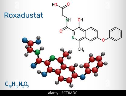 Roxadustatmolekül. Es ist Prolyl-Hydroxylase-Hemmer, stimuliert die Produktion von Hämoglobin und roten Blutkörperchen. Strukturelle chemische Formel und Maulwurf Stock Vektor