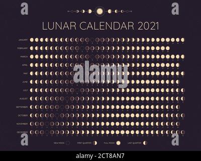 Mondkalender 2021. Mondphasen Zyklen Daten, voll. Neu und jede Phase dazwischen, Mond Zeitplan monatlichen Kalenderjahr Vektorgrafik. Lunar Ca Stock Vektor