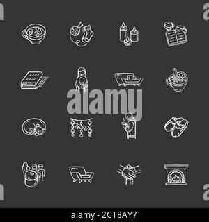 Gemütliche dänische Trend Kreide weiße Symbole auf schwarzem Hintergrund gesetzt Stock Vektor