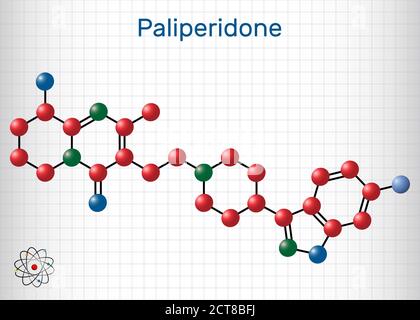 Paliperidon, 9-Hydroxyrisperidon-Molekül. Es ist ein atypischer antipsychotischer Wirkstoff, der bei der Behandlung von Schizophrenie verwendet wird. Blatt Papier in einer ca. Stock Vektor
