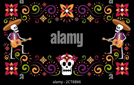 Dia de Muertos Mexican halloween Blumenflyer. Tag der Toten mit Skeletten und Zucker Schädel. Vektorgrafiken. Stock Vektor