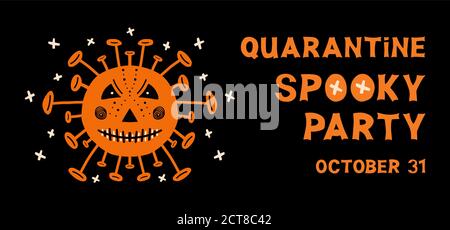 Halloween Flyer. Coronavirus-Bakterien mit gruseligen Gesicht und orangefarbenen Schriftzügen auf dunklem Hintergrund. Vektorgrafik. Stock Vektor