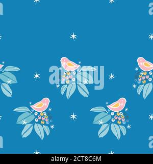 Vektor horizontale Botanik Winter Beere Vogel Grenze. Handgezeichnetes Volkskunst-Design mit Vogel-, Pflanzen- und Schneeflocken in Blautönen. All-Over-Print. Perfekt für weihnachten und Winterurlaub. Stock Vektor