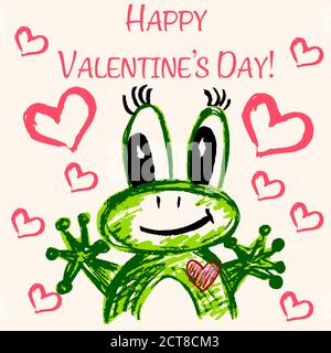 Nette Illustration, Postkarte. Grußkarte mit Herzen und niedlichen Tieren. Alles Liebe zum Valentinstag. Frosch verliebt Stock Vektor
