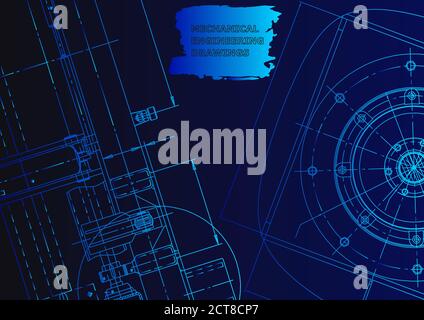 Abdeckung. Vektorzeichnungen. Mechanische Instrumentenherstellung. Technische abstrakte Hintergründe. Blaues Neon Stock Vektor