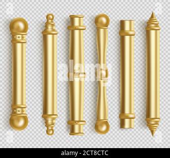 Türgriffe aus Barockgold für die Raumgestaltung im Büro oder zu Hause. Vector realistische Satz von vintage golden lange Tür ziehen Knöpfe. Bar Form Griffe mit Kugeln isoliert auf weißem Hintergrund Stock Vektor