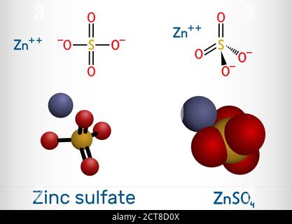 Zinksulfat, ZnSO4, weißes Vitriolmolekül. Es wird als Nahrungsergänzungsmittel, als Düngemittelbestandteil, bei der Herstellung von Rayon verwendet. Struktureller che Stock Vektor