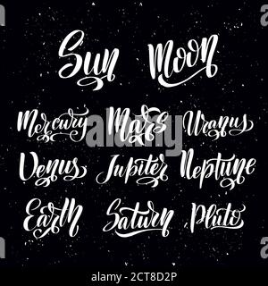 Planet Lettering Set. Planetennamen - Merkur, venus, Erde, Stock Vektor