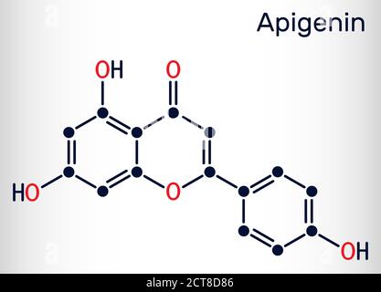 Apigenin, C15H10O5, Flavon, Aglycon-Molekül. Es ist pflanzlich abgeleitetes Flavonoid, zeigt antiproliferative, entzündungshemmende, antimetastatische Aktivität Stock Vektor