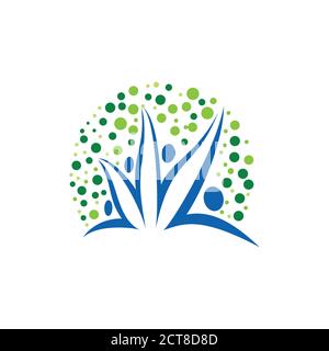 Ein Vektor-Illsutration mit Gras Swoosh Menschen mit grünen Blase Blatt in grün und blau Farbkombination Stock Vektor