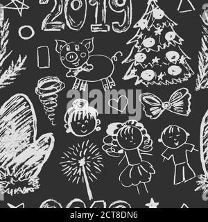 Neujahr 2019. Nahtloses Neujahrsmuster. Kinderzeichnungen weiße Kreide. Weihnachtsbaum, Fäustling, 2019, Schwein, Kinder Stock Vektor