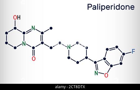 Paliperidon, 9-Hydroxyrisperidon-Molekül. Es ist ein atypischer antipsychotischer Wirkstoff, der bei der Behandlung von Schizophrenie verwendet wird. Chemische Skelettform Stock Vektor